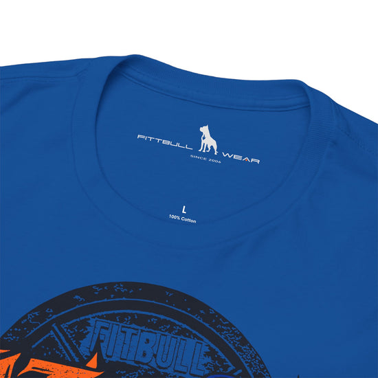 Blue t-shirt with Fitbull Wear logo and branding on a white background