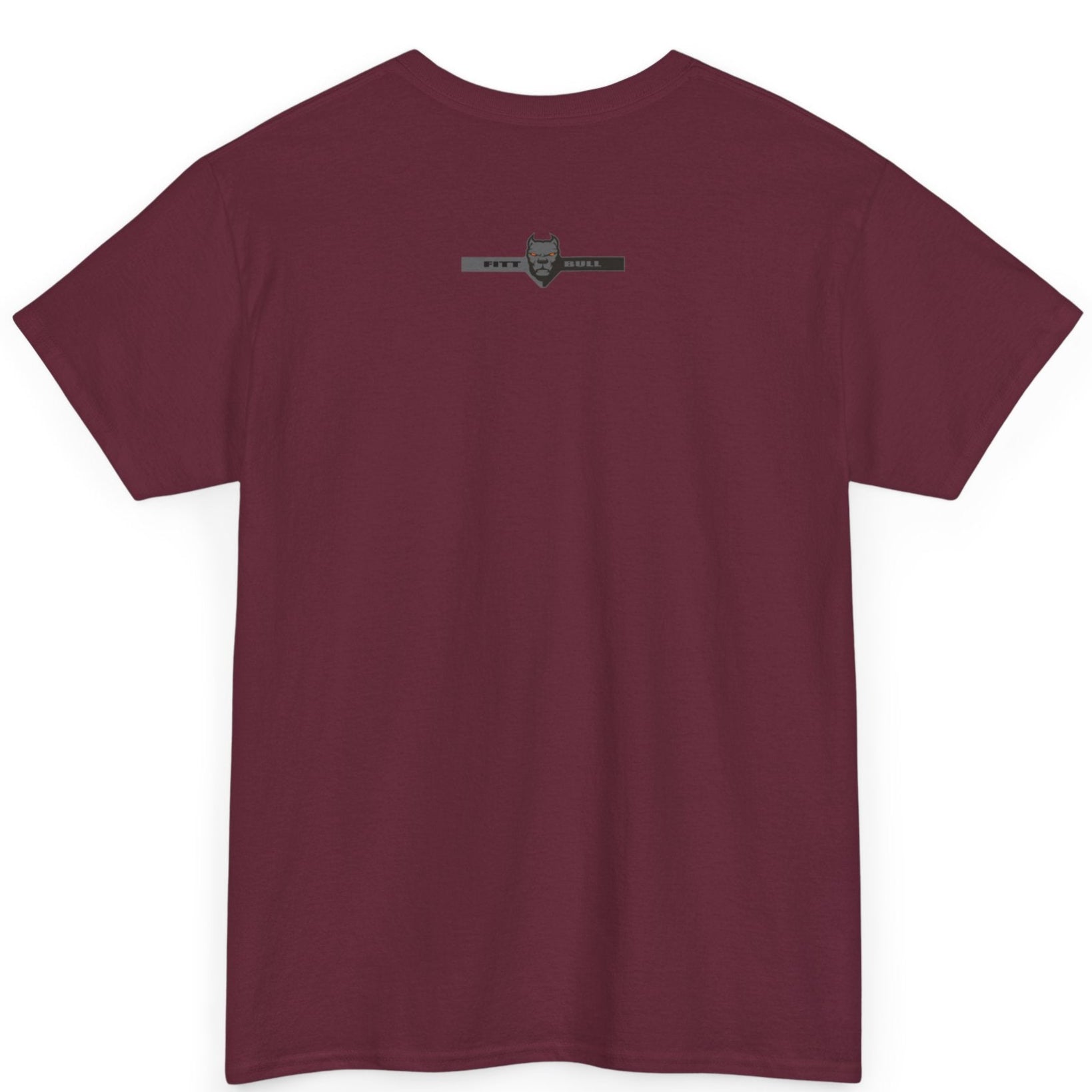 A  maroon bodybuilding spotry 'Fitbull' t-shirt witnt logo and mitvation design back.