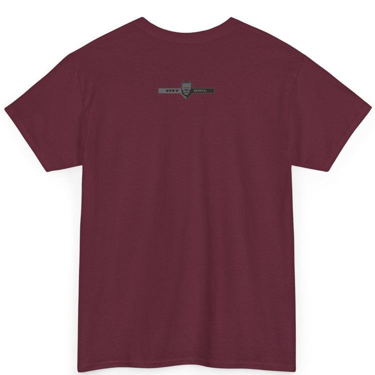 A  maroon bodybuilding spotry 'Fitbull' t-shirt witnt logo and mitvation design back.