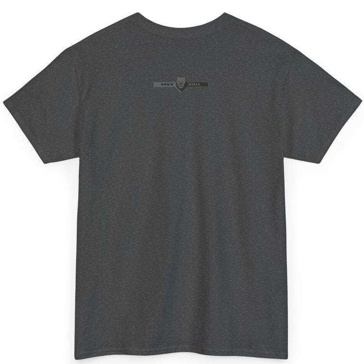 A  dark grey bodybuilding spotry 'Fitbull' t-shirt witnt logo and mitvation design back.