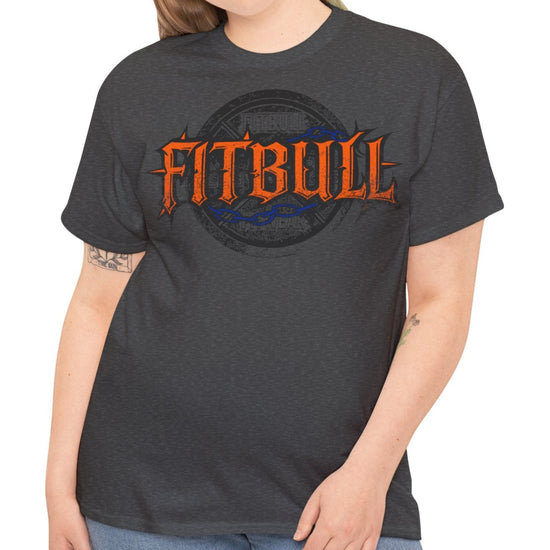 A  dark grey bodybuilding spotry 'Fitbull' t-shirt witnt logo and mitvation design front.