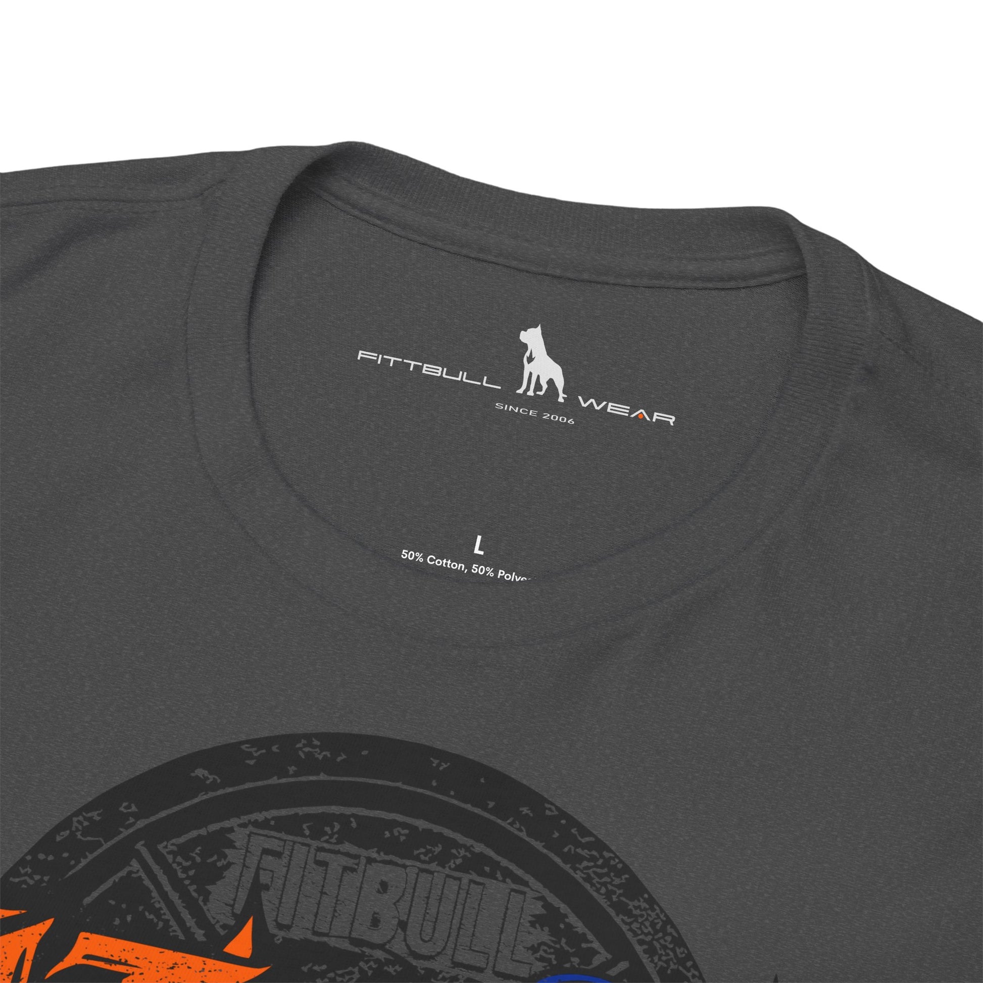 Gray t-shirt with Fitbull Wear logo and branding on a white background