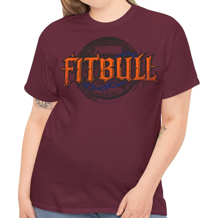 A  maroon bodybuilding spotry 'Fitbull' t-shirt witnt logo and mitvation design front.