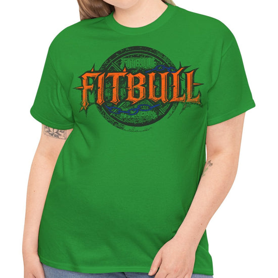 A  green bodybuilding spotry 'Fitbull' t-shirt witnt logo and mitvation design front.