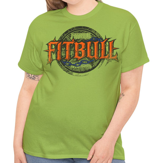 A  kiwi green bodybuilding spotry 'Fitbull' t-shirt witnt logo and mitvation design front.