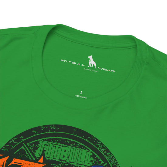 Green t-shirt with Fitbull Wear logo and branding on a white background