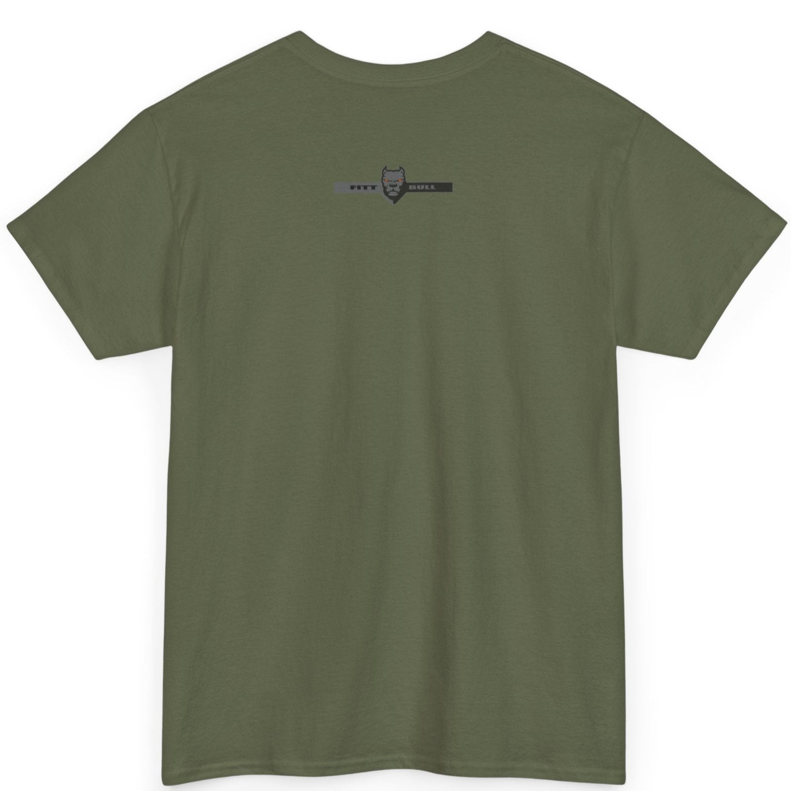 A  military green bodybuilding spotry 'Fitbull' t-shirt witnt logo and mitvation design back.