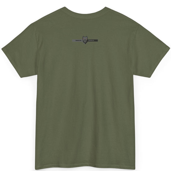 A  military green bodybuilding spotry 'Fitbull' t-shirt witnt logo and mitvation design back.