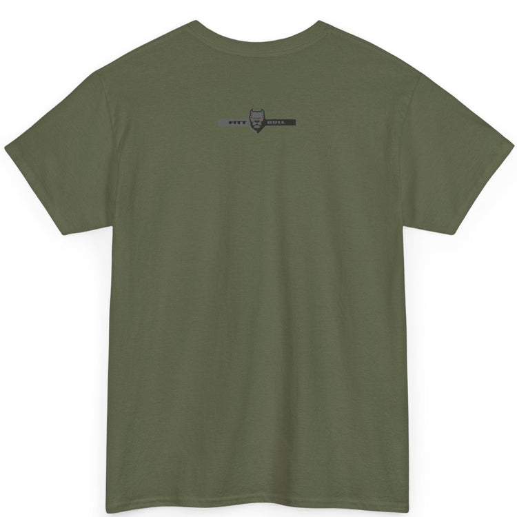 A  military green bodybuilding spotry 'Fitbull' t-shirt witnt logo and mitvation design back.