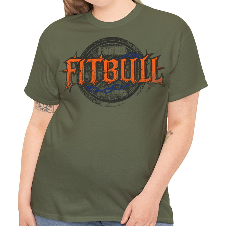 A  military green bodybuilding spotry 'Fitbull' t-shirt witnt logo and mitvation design front.