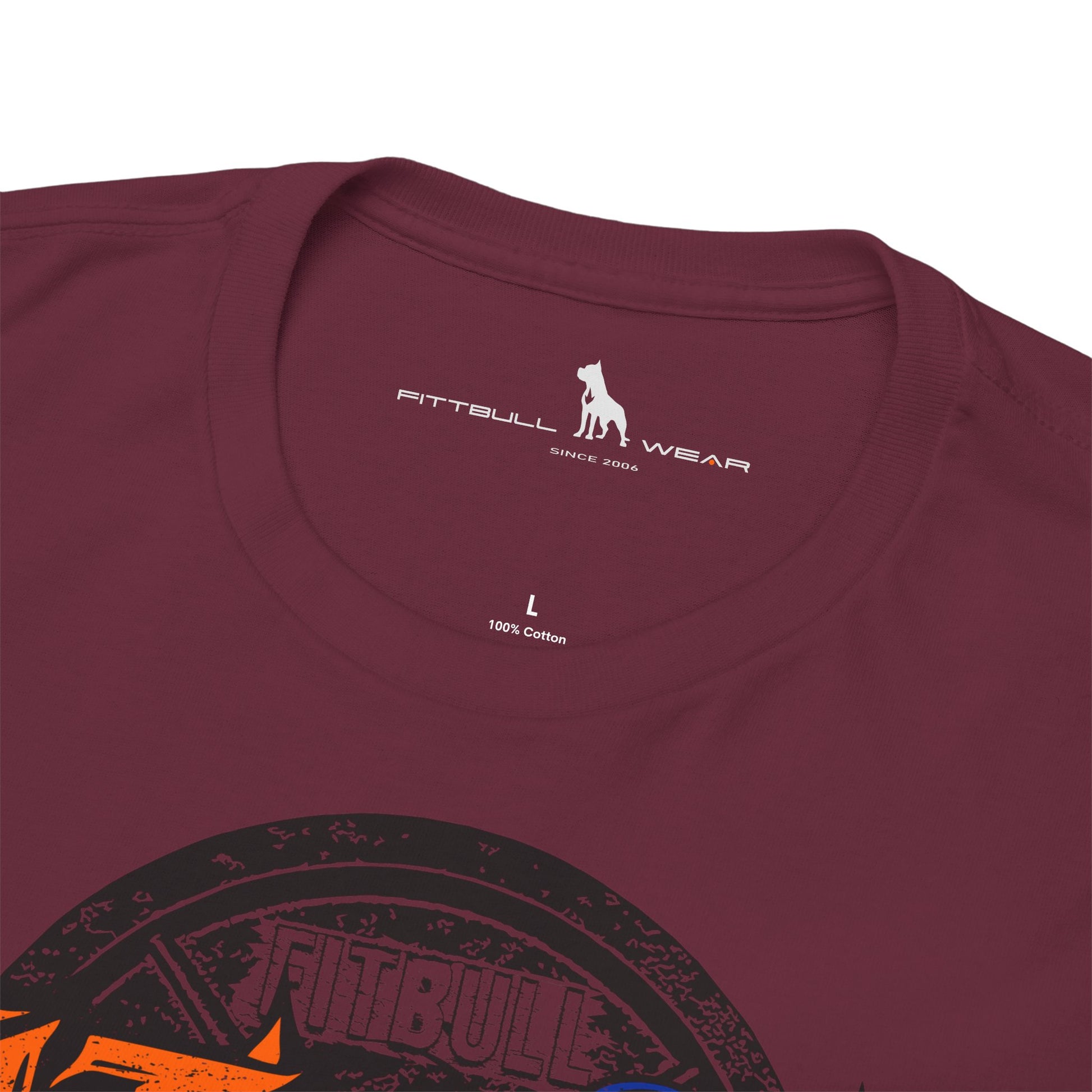 Maroon t-shirt with Fitbull Wear logo and branding on a white background logo.