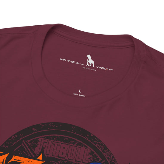 Maroon t-shirt with Fitbull Wear logo and branding on a white background logo.