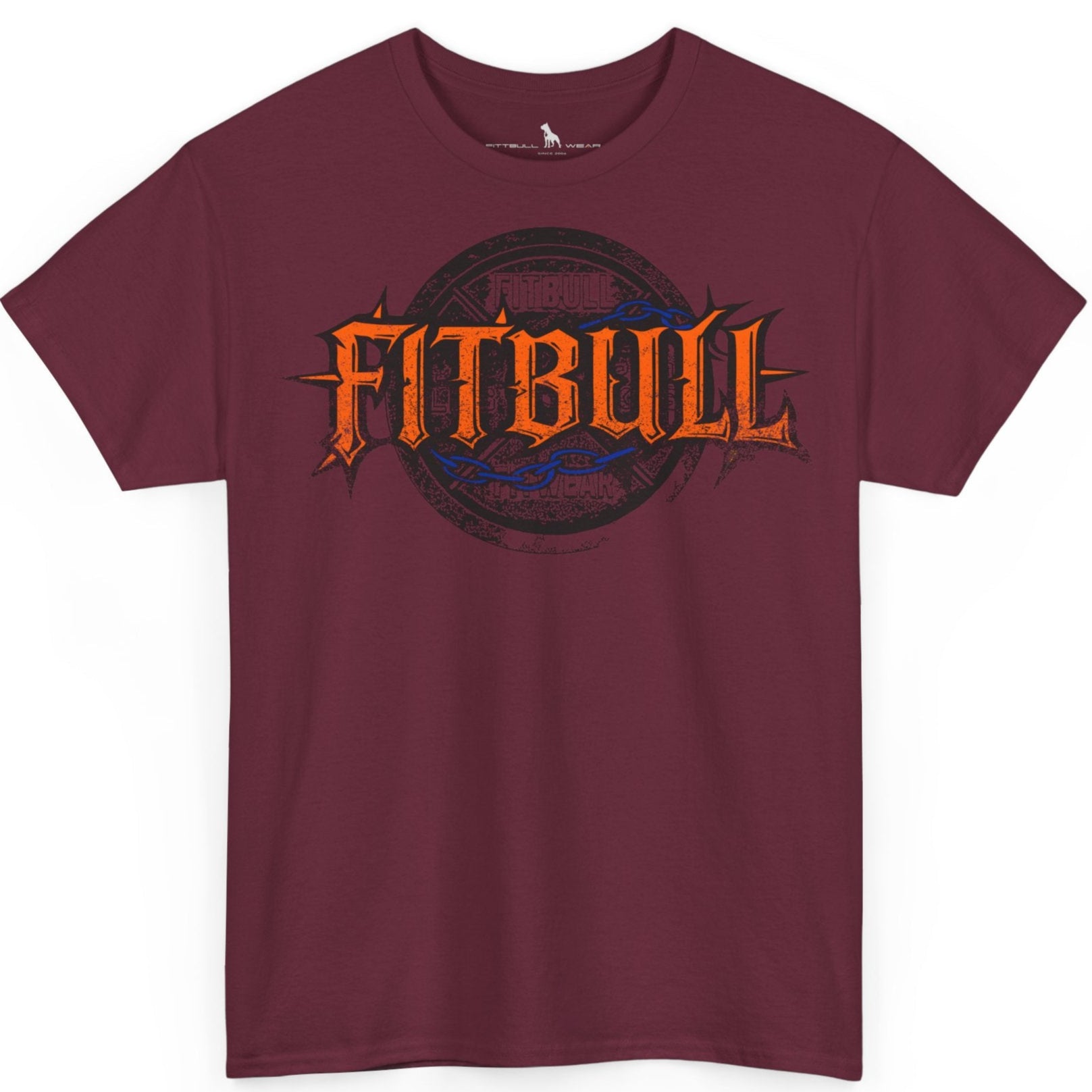 A  maroon bodybuilding spotry 'Fitbull' t-shirt witnt logo and mitvation design.