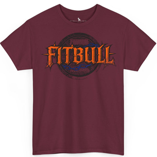 A  maroon bodybuilding spotry 'Fitbull' t-shirt witnt logo and mitvation design.