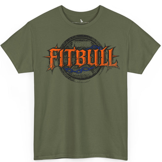 A  military green bodybuilding spotry 'Fitbull' t-shirt witnt logo and mitvation design.