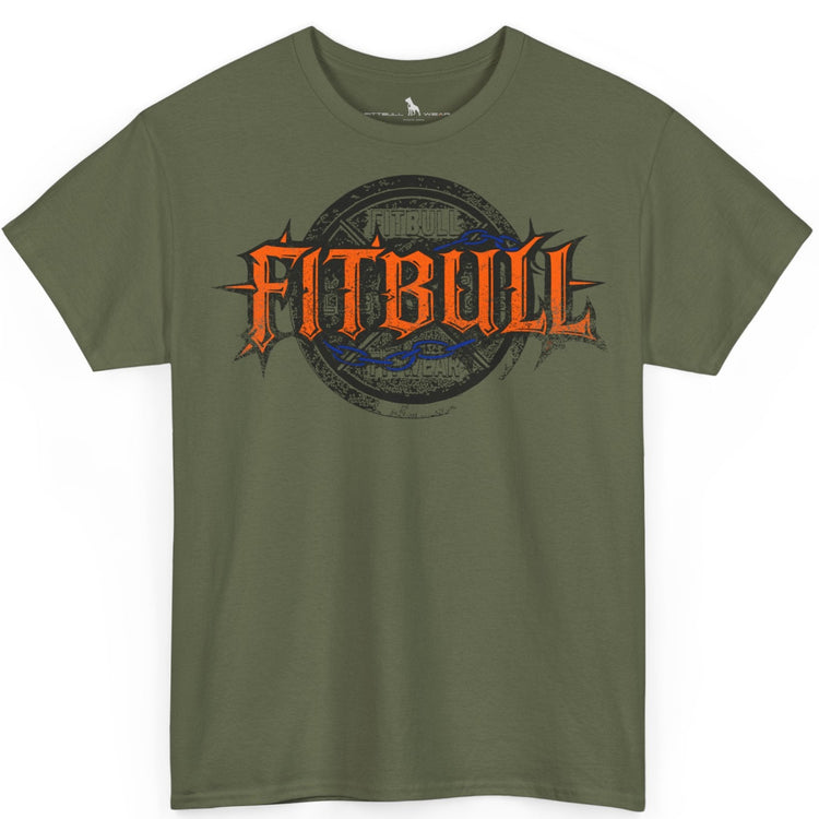 A  military green bodybuilding spotry 'Fitbull' t-shirt witnt logo and mitvation design.