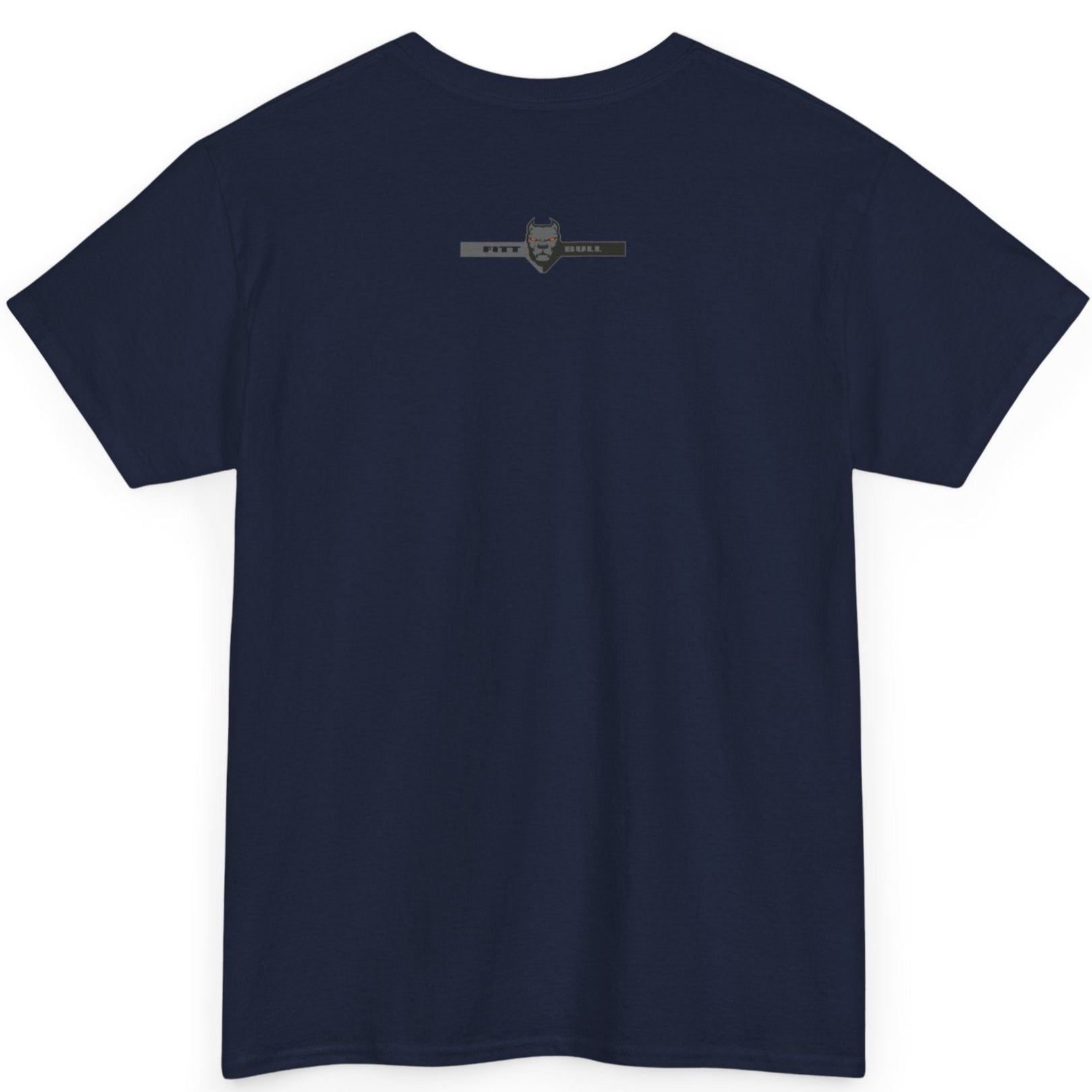 A  dark blue bodybuilding spotry 'Fitbull' t-shirt witnt logo and mitvation design back.