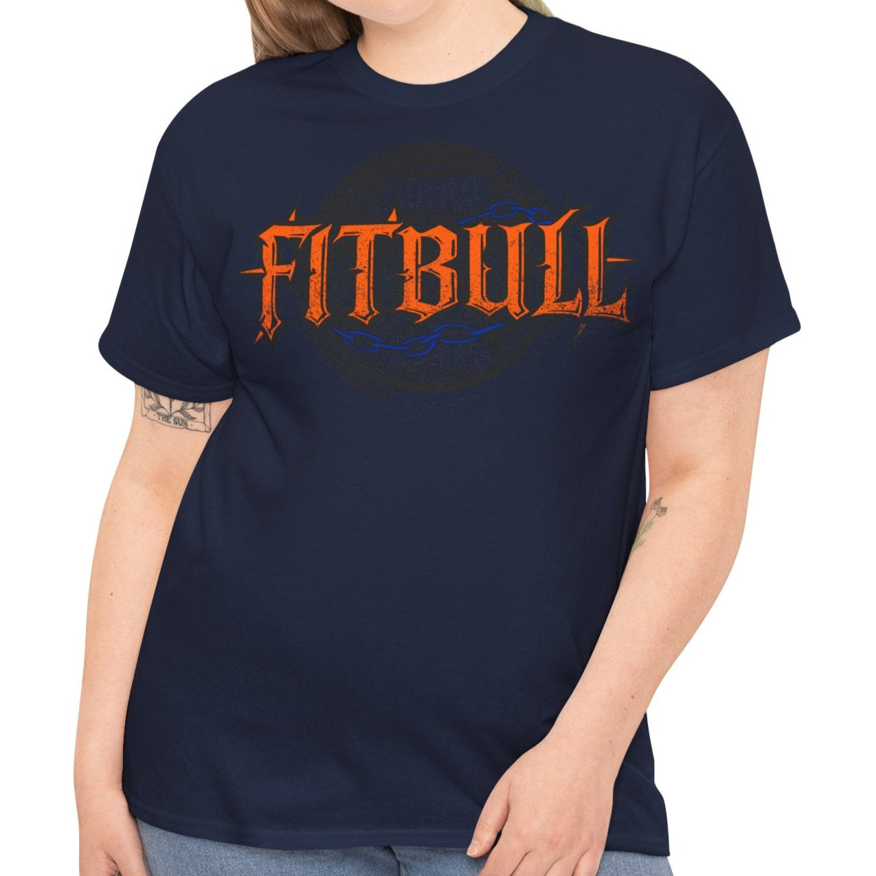 A  dark blue bodybuilding spotry 'Fitbull' t-shirt witnt logo and mitvation design front.