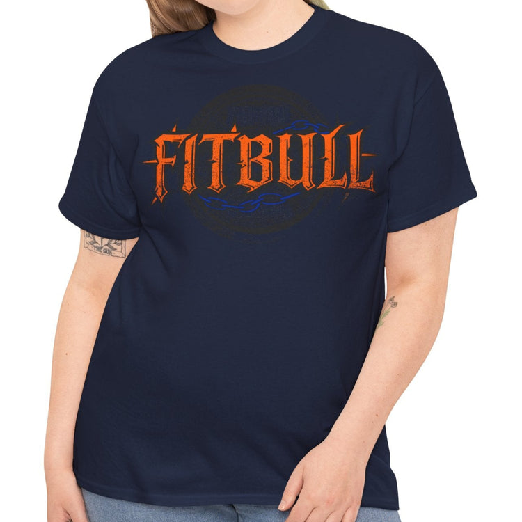 A  dark blue bodybuilding spotry 'Fitbull' t-shirt witnt logo and mitvation design front.