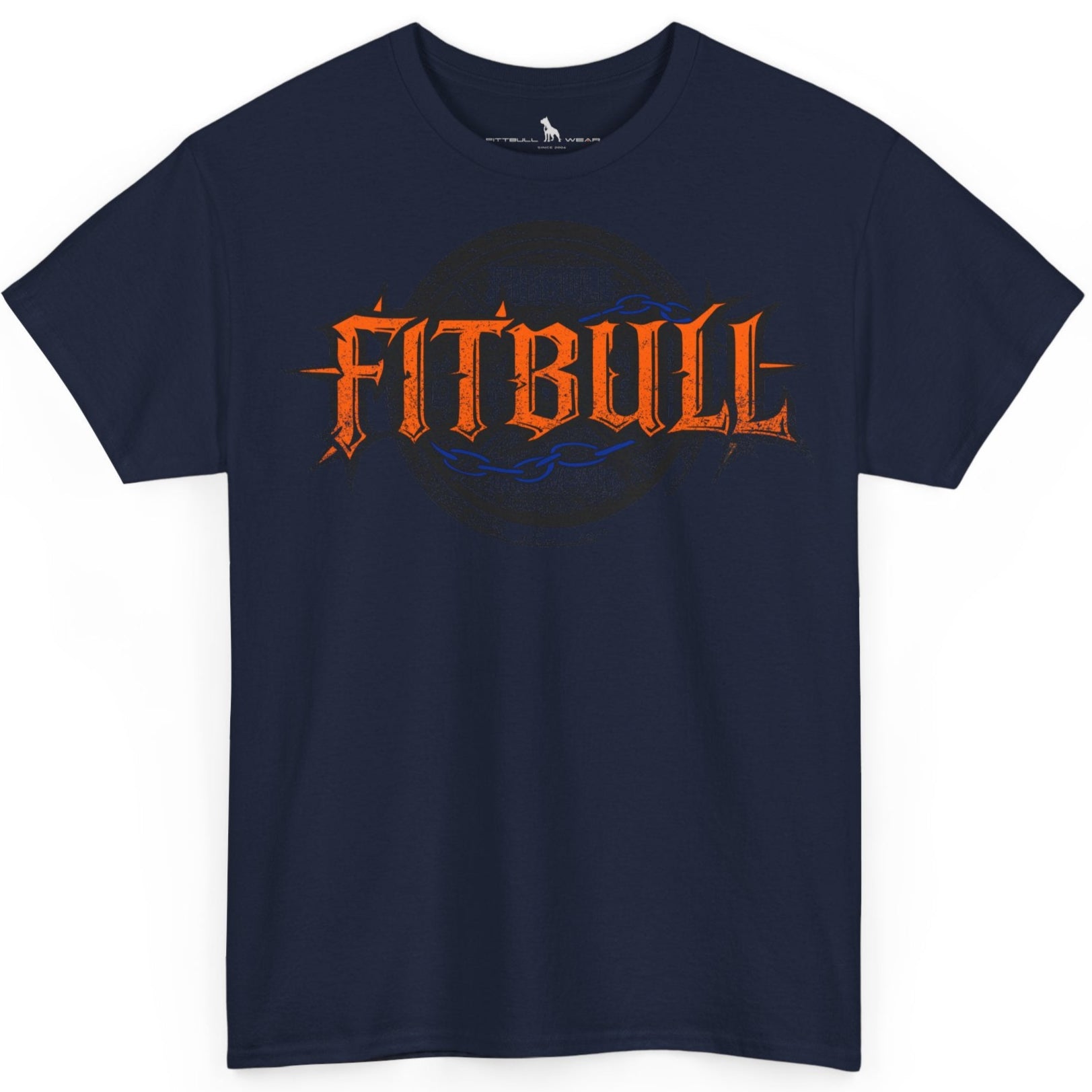 A  navy blue bodybuilding spotry 'Fitbull' t-shirt witnt logo and mitvation design.