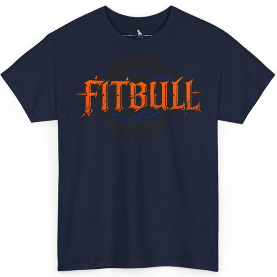 A  navy blue bodybuilding spotry 'Fitbull' t-shirt witnt logo and mitvation design.