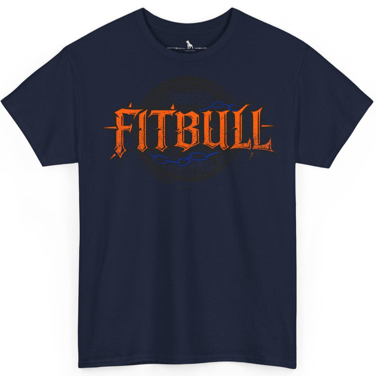 A  navy blue bodybuilding spotry 'Fitbull' t-shirt witnt logo and mitvation design.