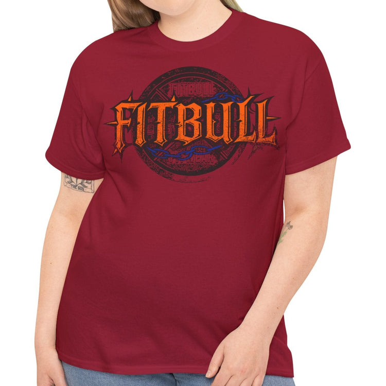 A  dark blue bodybuilding spotry 'Fitbull' t-shirt witnt logo and mitvation design front.
