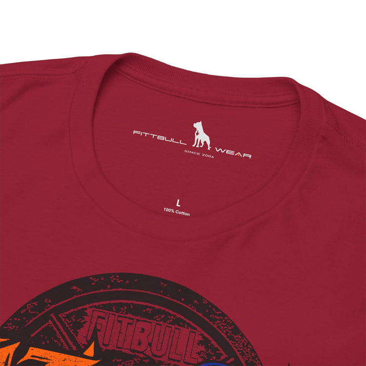 Red t-shirt with 'Futbull Wear' logo on a white background
