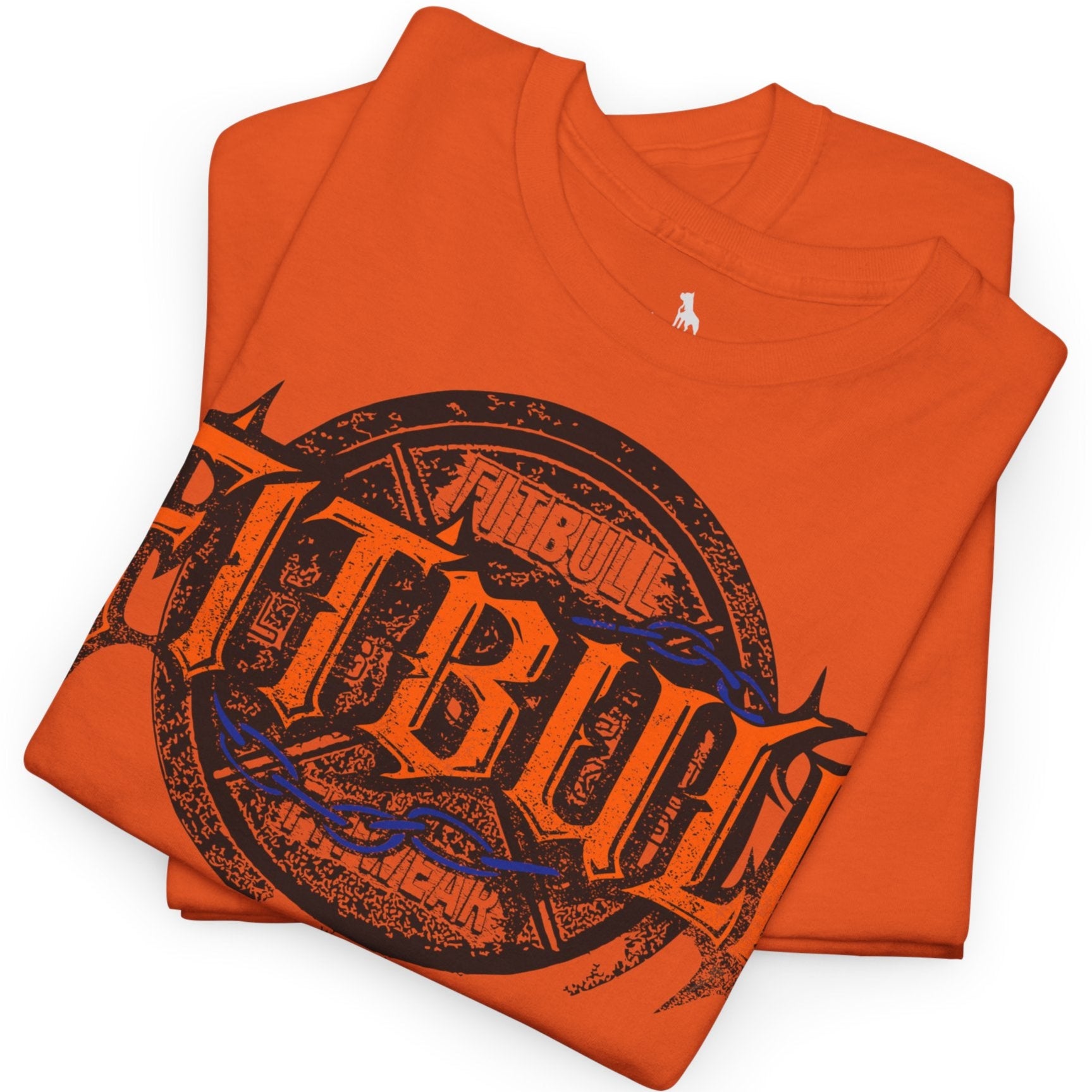 A  orange bodybuilding spotry 'Fitbull' t-shirt witnt logo and mitvation design logo.