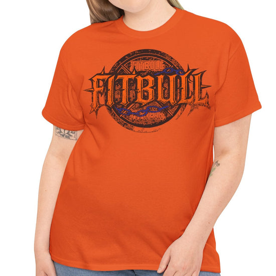 A  orange bodybuilding spotry 'Fitbull' t-shirt witnt logo and mitvation design front.