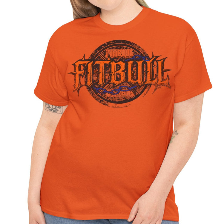A  orange bodybuilding spotry 'Fitbull' t-shirt witnt logo and mitvation design front.