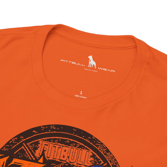 Orange t-shirt with 'Futbull Wear' logo and branding on a white background
