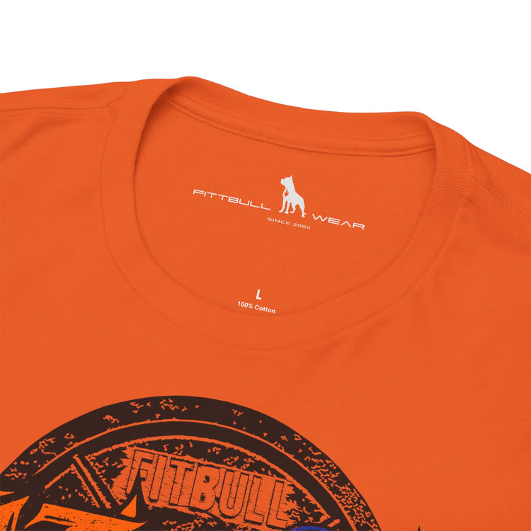 Orange t-shirt with 'Futbull Wear' logo and branding on a white background
