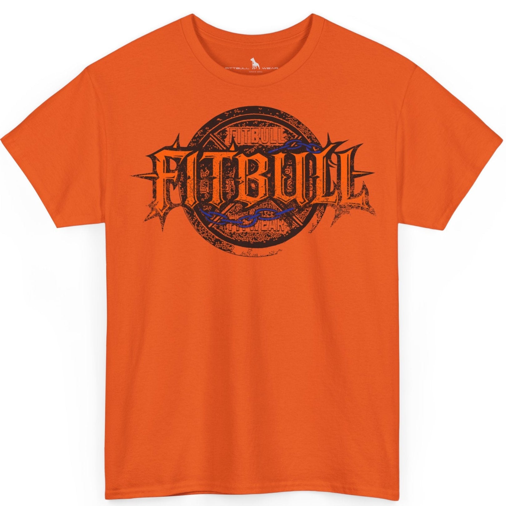 A  orange bodybuilding spotry 'Fitbull' t-shirt witnt logo and mitvation design.