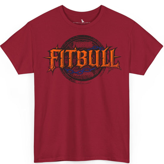 A  red bodybuilding spotry 'Fitbull' t-shirt witnt logo and mitvation design.