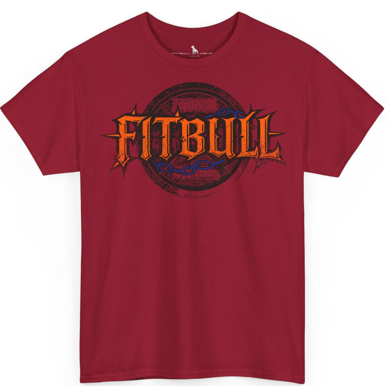 A  red bodybuilding spotry 'Fitbull' t-shirt witnt logo and mitvation design.