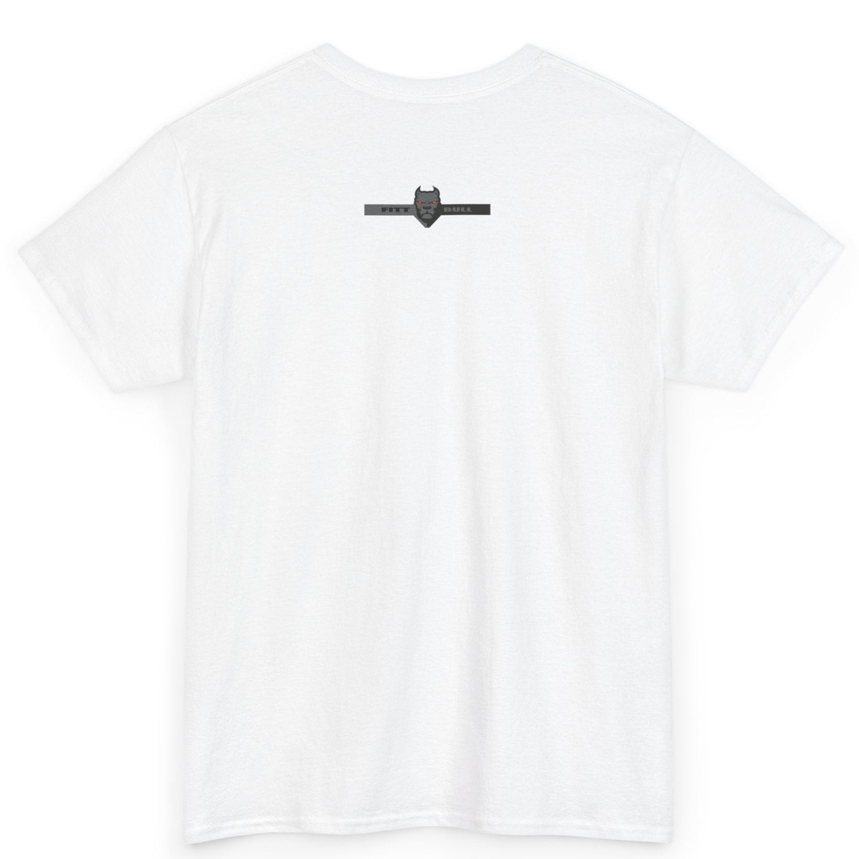 A  white bodybuilding spotry 'Fitbull' t-shirt witnt logo and mitvation design back.