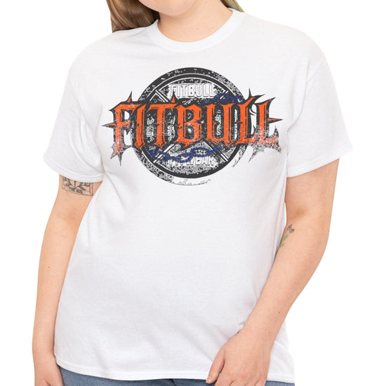 A  white bodybuilding spotry 'Fitbull' t-shirt witnt logo and mitvation design front.
