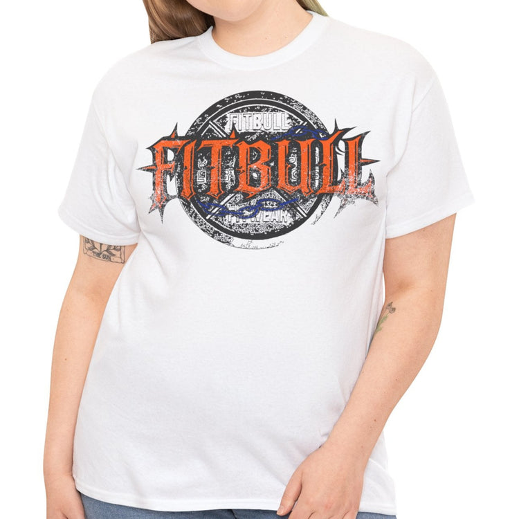A  white bodybuilding spotry 'Fitbull' t-shirt witnt logo and mitvation design front.