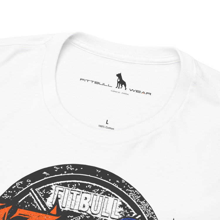 A  white bodybuilding spotry 'Fitbull' t-shirt witnt logo and mitvation design logo.