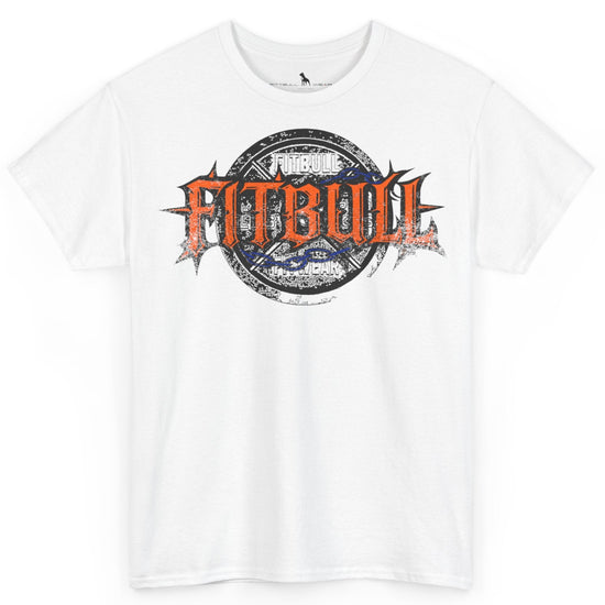 A  white bodybuilding spotry 'Fitbull' t-shirt witnt logo and mitvation design.