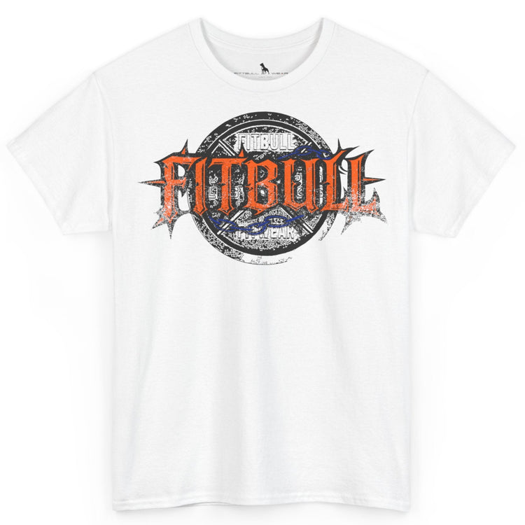 A  white bodybuilding spotry 'Fitbull' t-shirt witnt logo and mitvation design.