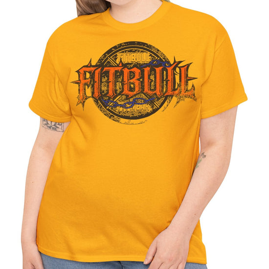 A  yelow bodybuilding spotry 'Fitbull' t-shirt witnt logo and mitvation design front.