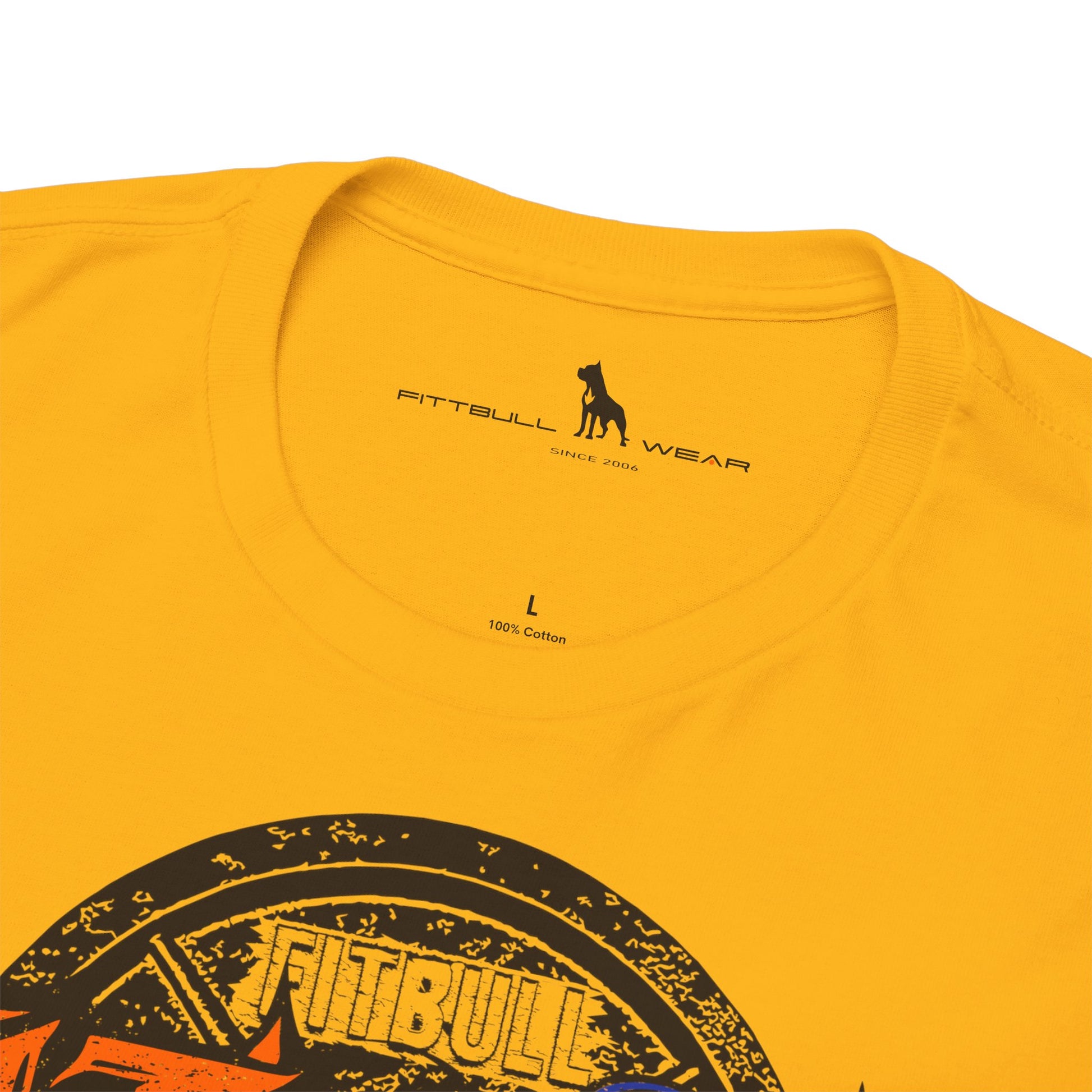 Yellow t-shirt with 'Pittbull Wear' logo and branding on a white background