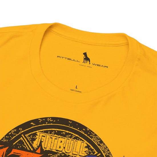 Yellow t-shirt with 'Pittbull Wear' logo and branding on a white background