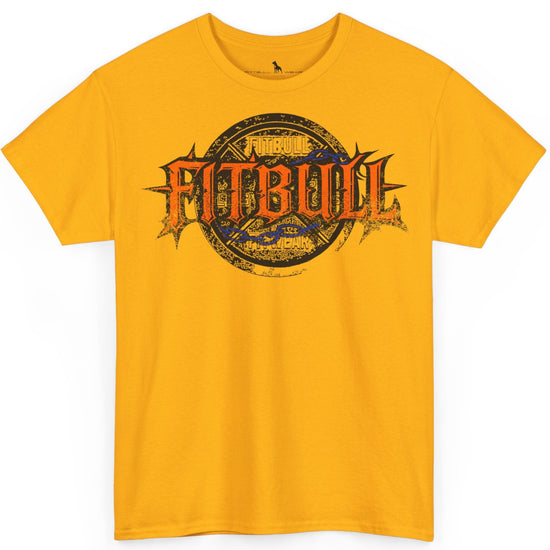 A  yelow bodybuilding spotry 'Fitbull' t-shirt witnt logo and mitvation design.