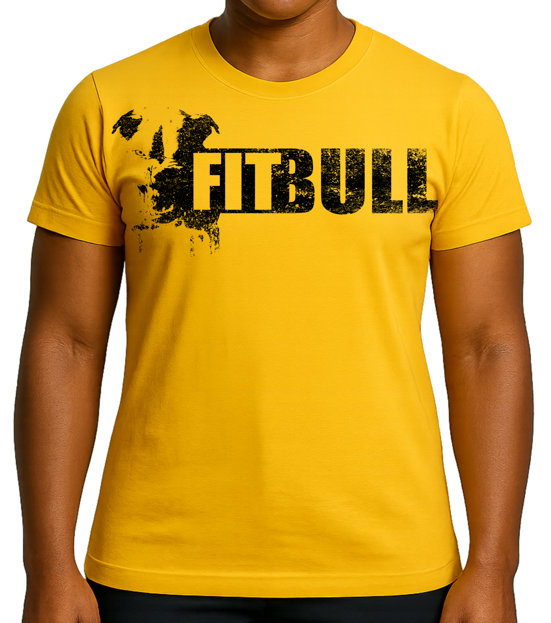 Person wearing a yellow t-shirt with 'Fitbull' training motivating design.
