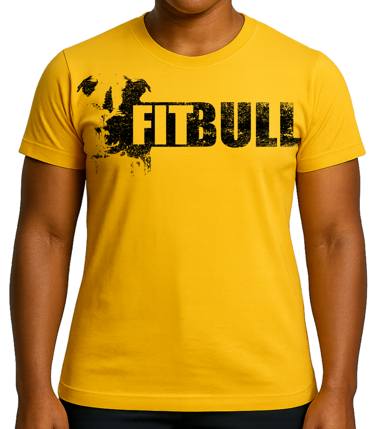 Person wearing a yellow t-shirt with 'Fitbull' training motivating design.