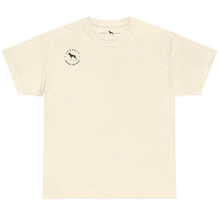 Beige t-shirt with a small logo on a white background