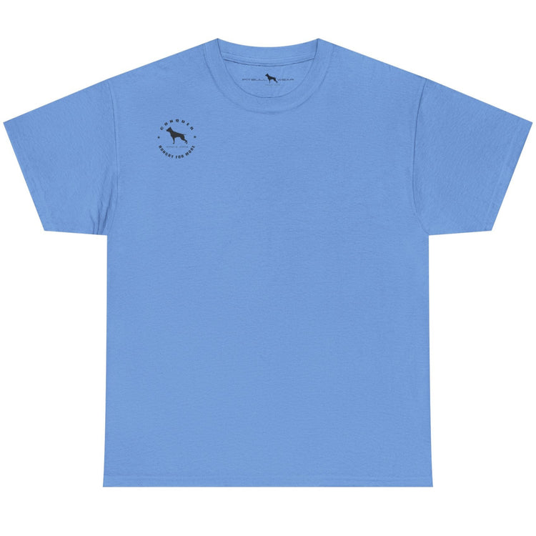 Light blue t-shirt with a small logo on a white background